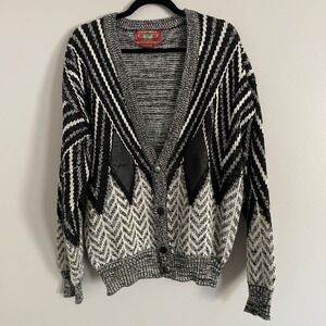 Vintage Chartwell Mens Large Black White Chevron Knit Cardigan Leather Trim L